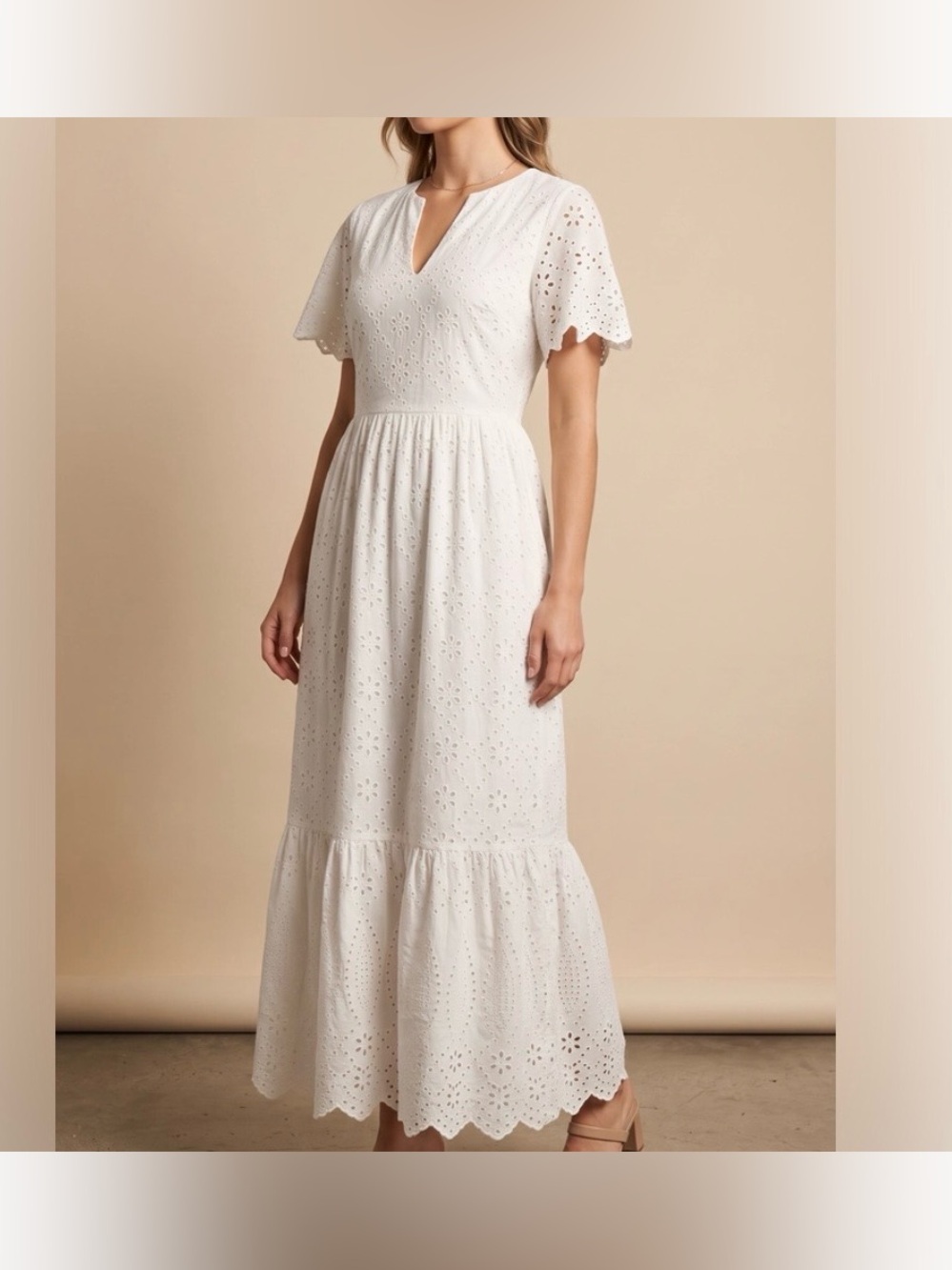 Lily eyelet maxi dress V-neckline, short flutter sleeves small